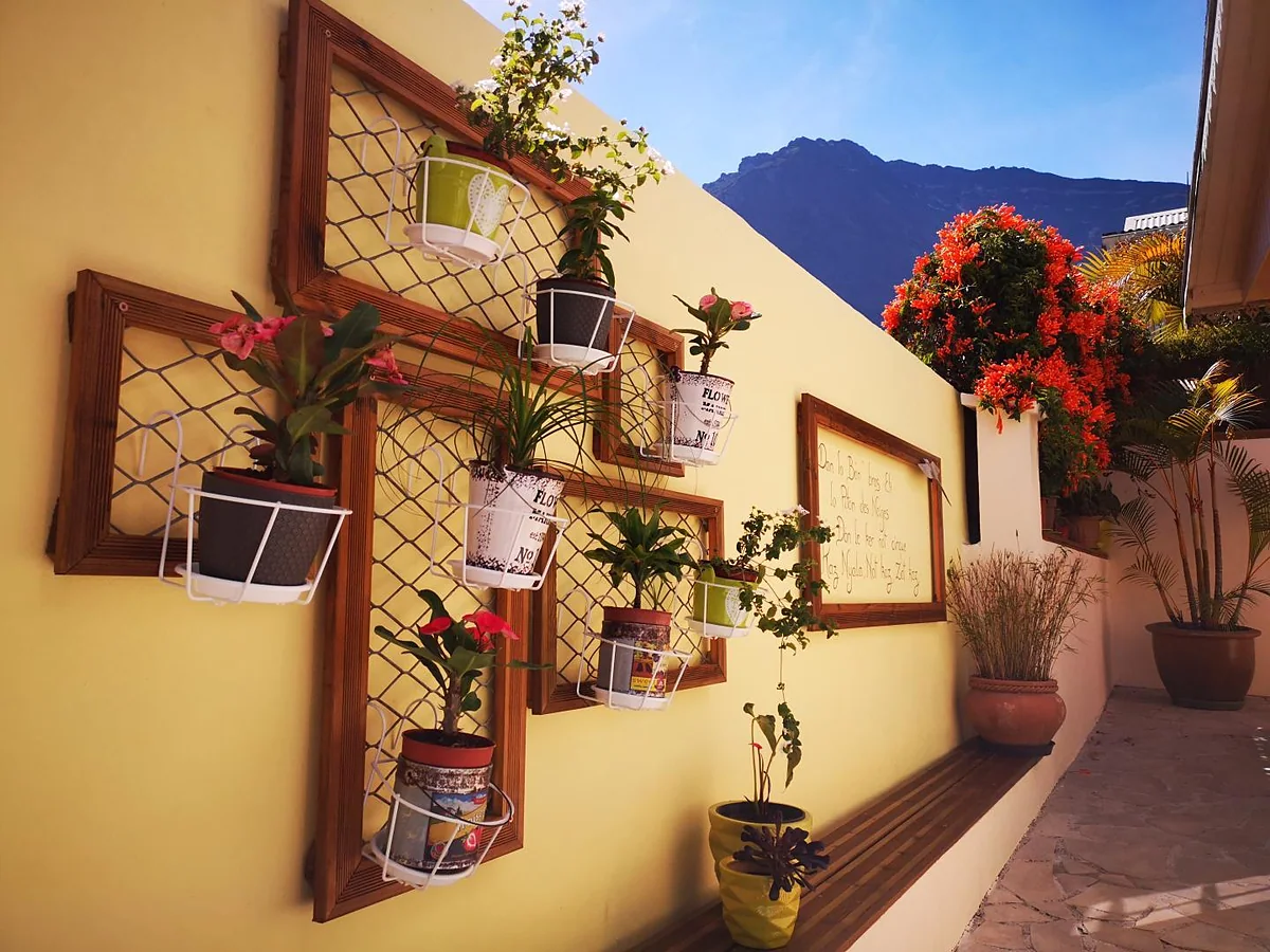 Le mur fleuri de la case, ses jardinières et ses fleurs rouges